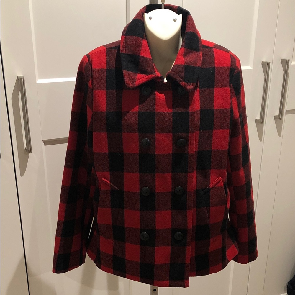 GAP Red and Black Checkered Pea Coat
